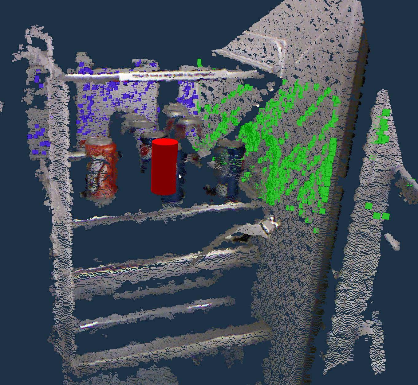 A screen shot from rviz with the detected can visualized with a marker, The marker is displayed on top of the kinect point cloud